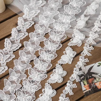 1 Yard Bijeli Leptir cvjetne čipke Trim Od organza Vez 3D Kuglice Čipke, Ukrasi za vjenčanicom DIY Šivaći materijali