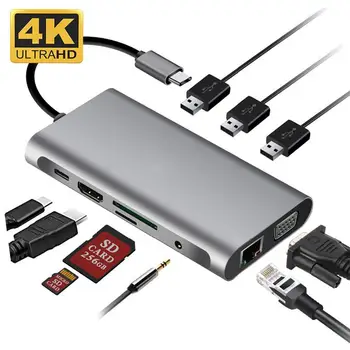 10 U 1 USB hub C tip Razdjelnika Do 4K HDMI-kompatibilnu VGA RJ45 PD USB 3.0 i 3.5 mm Priključak za SD TF Čitač kartica Dock punjač za MacBook