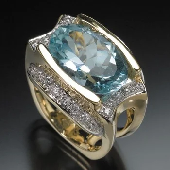 2022 Modni nakit Zlatne boje s umetak Svijetlo Plavi Ovalni Crystal Циркониевое prsten za žene Večernje uređenje Ženske pribor