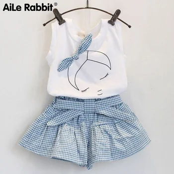 AiLe Rabbit Komplet modne odjeće za djevojčice Košulja kratkih rukava Kratka suknja 2 kom. Kostimi za djevojčice iz crtića s lukom Kit dječje odjeće od pamuka K1
