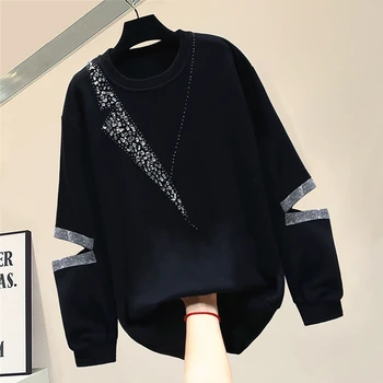 Dijamanti su ručni rad Rupe O-izrez Crna majica Za žene Modis Ins Slobodan korejski hoodies 2022 Proljeće Majice s dugim rukavima