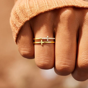 Double Крестовое prsten za žene s umetak od Kubni Cirkonij ,Ispunjen Zlatom Laminirano prsten od Nehrđajućeg Čelika, Kršćanske Vjerske Ukras