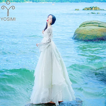 Duge donje haljina YOSIMI 2020 Proljeće noć Maxi Čipke iz dva dijela Fairy Leptir 3D Vez Bež duga elegantna haljina