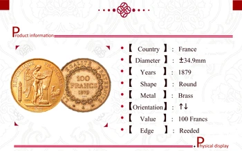 Francuska je Treća Republika 1879 Zlatnu kopiju novčić s 100 Franaka Od mesinga i metala Liberte Egalite U spomen na kopijama kovanica