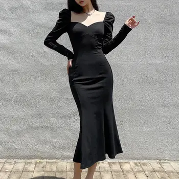 Francuski stil retro tanak kvadratnom ovratnik haljinu s пузырчатым rukava ženska crna struk-stop haljina riblji rep elegantan haljinu