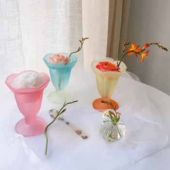 Francuski Vintage Matirano Staklo Sladoled Šalica Cvijet Gradient Boje Desert Hladno Piće Šalice za Kavu i Čaj s Mlijekom Šalica Vaza za cvijeće Šalica za trese