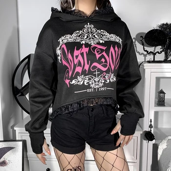 InsDoit Gotički držači kolaž crne veste ženski Harajuku s po cijeloj površini Punk Pulover na Halloween Uličnu odjeću s kapuljačom Jesen Y2K skraćene top