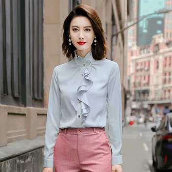 IZICFLY Jesen Proljeće Novi Stil Štand Zelene Ovratnik Košulja Ženska s dugim rukavima Modne Korejski Vrhovima Uredski Poslovni bluza Radna odjeća