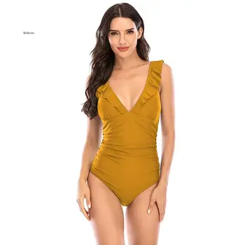 Jednodijelni kupaći kostim Ženski seksi V-izrez u obliku Pune Boje sa volanima Bikini 2021 Topla Rasprodaja Godina Kupaći kostim Veachwear