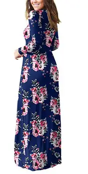 Jesenje svakodnevne dvostruki džep haljine maxi dugi rukav i okruglog izreza s cvjetnim ispis za žene Elegantnim vintage ženske duge haljine