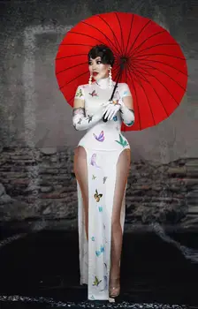 Kineski Klasični Leptir Seksi Cheongsam Žene Bijela Protežu Tanak Visok Rez Večernjim Satima Duga Haljina Klupska Pjevačica Prom Umjetničko Haljina