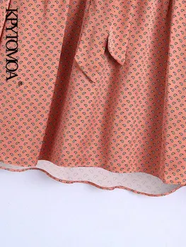 KPYTOMOA Ženska moda Fluidne Slobodan bluze s po cijeloj površini Vintage Zavezan V-izrez u obliku dugih rukava Ženske košulje Blusas Šik vrhovima