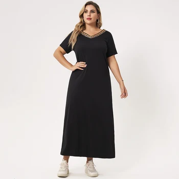 Ljetno duga haljina Plus Veličina Za žene Novi 2022 Crna jednobojnu remenje s V-izrez s kratkim rukavima Slobodne Svakodnevne večernje velike haljine Maxi