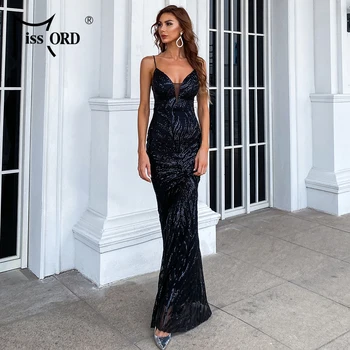 Missord 2021 Ljetne ženske šljokice Duboki V-izrez u obliku Špageti Remen Duga haljina za prom s otvorenim leđima Seksi elegantan Maxi Večernja haljina Bodycon