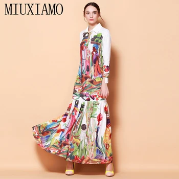 MIUXIMAO 2021 Proljeće Najnovije modne Piste s odbačenost ovratnik Maxi haljina donje dugi rukav Klasicni Umjetničkog dizajna duga haljina sa po cijeloj površini