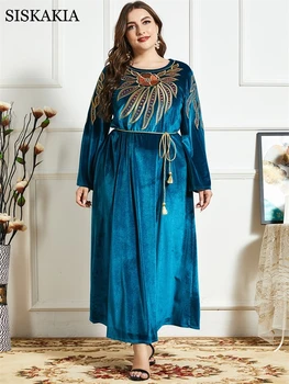 Moderan musliman haljina plus Ovo s vezom O-izrez Plavi baršun zonu sa strukom Dubai Arapski Абаи Za žene Haljini dugih rukava Novi
