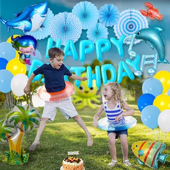 Morska tema ukras žurka povodom dana rođenja djeca plava pozadina morski pas i dupin, balon dekoracija duša djeteta