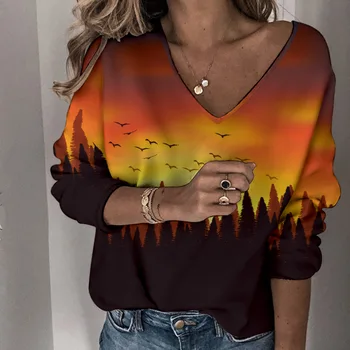 Nove ženske jesen majice s cvjetnim ispis V-izrez u obliku pulover dugih rukava Besplatne majice Ulične ženske majice po cijeloj površini s Casual modna odjeća