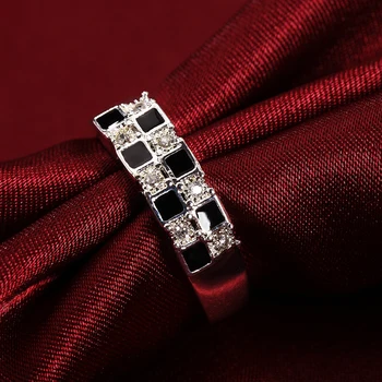 Novi prsten od 925 sterling srebra za žene od tankog kristala crno-bijela rešetka Fancy večernji darove za djevojčice, studentski šarmantan svadbeni nakit