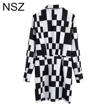 NSZ Donje crno - bijelo checkered haljina-košulja s nepravilnim dugi rukav odbačenost ovratnik Elegantan, šik checkered mini-haljina