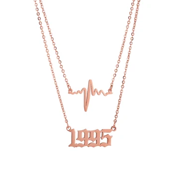 Personaliziranu ogrlicu s brojem godine Privjesak od srčanog ritma Od Nehrđajućeg Čelika Višeslojne Ogrlice Zlatni Lanac 1980-2019 Pokloni Za Rođendan