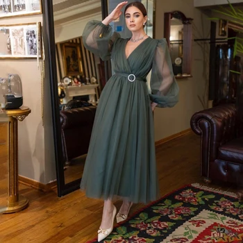 Tanke jednostavne haljine za maturalne sa zelenim rukavima i V-izrez Večernja haljina trapeznog oblika dužine do čaj Princeza Vjenčanje večernji koktel haljine Plus Veličine