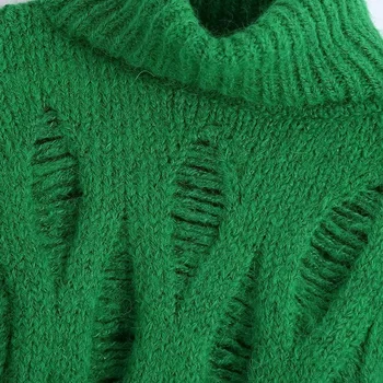 TRAF 2021 Zelena pletene pulover s visokim воротом Ženska moda čupav top dugi rukav Ženska odjeća Jesen zima Ženski pulover