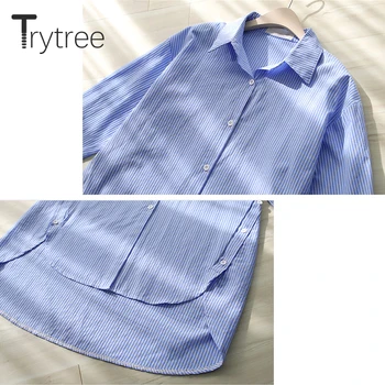 Trytree 2020 Proljeće i Jesen Svakodnevni bluza Ženska prugasta kratka sprijeda s dugom leđa Dizajn Ženske košulje Office ženske majice za žene