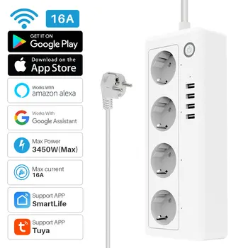 Tuya Wifi Smart Power Strip Plug 4 Utičnice EU SA 4 USB Portova Glasovno Upravljanje Radi Usklađivanja S Alexa Google Assistant
