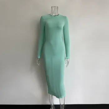 XLLAIS 2021 Ženski zelena облегающий ogrtač dugih rukava Seksi Elegantan Casual Plaža Midi haljine za zabave, Klub odijevanje