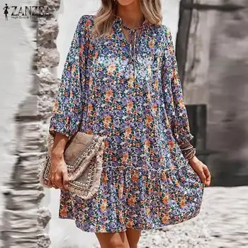 ZANZEA Za žene Богемное smještaj haljina Jesen s cvjetnim ispis mini-сарафан Vintage dugi rukav ruffles Beach haljine Ogrtač Femme