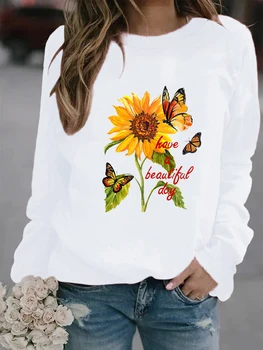 Zimski Casual ženska majica sa po cijeloj površini suncokreta s okruglog izreza i dugim rukavima, Slobodna ženska grafička majica, bluza Plus size