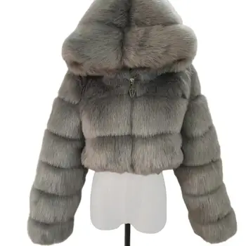 Ženska jakna od umjetnog krzna 2021 Runo toplo monotono patchwork dugih rukava s kapuljačom na munje Kaput Seksi kratka jakna