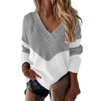 Ženski džemper kontrastne boje u patchwork stilu Jesen zima V-izrez u obliku dugih rukava pletene pulover Top Ulica odjeća dresovi mujer invierno
