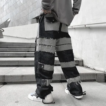 Лоскутный dizajn Punk-crne hlače za muškarce 2021 Modni trendovi Odjeća za mlade Široke plave traper ženske sportske hlače Hip-hop Vanjska odjeća